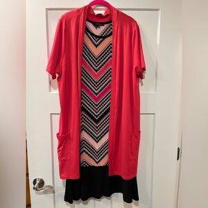 Blu Sage Pink, White and Black Chevron Dress with Coral Cardigan